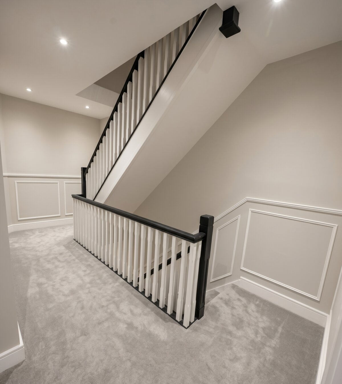 Dublin staircase landing with white balustrade, black newel posts, and decorative wall panelling